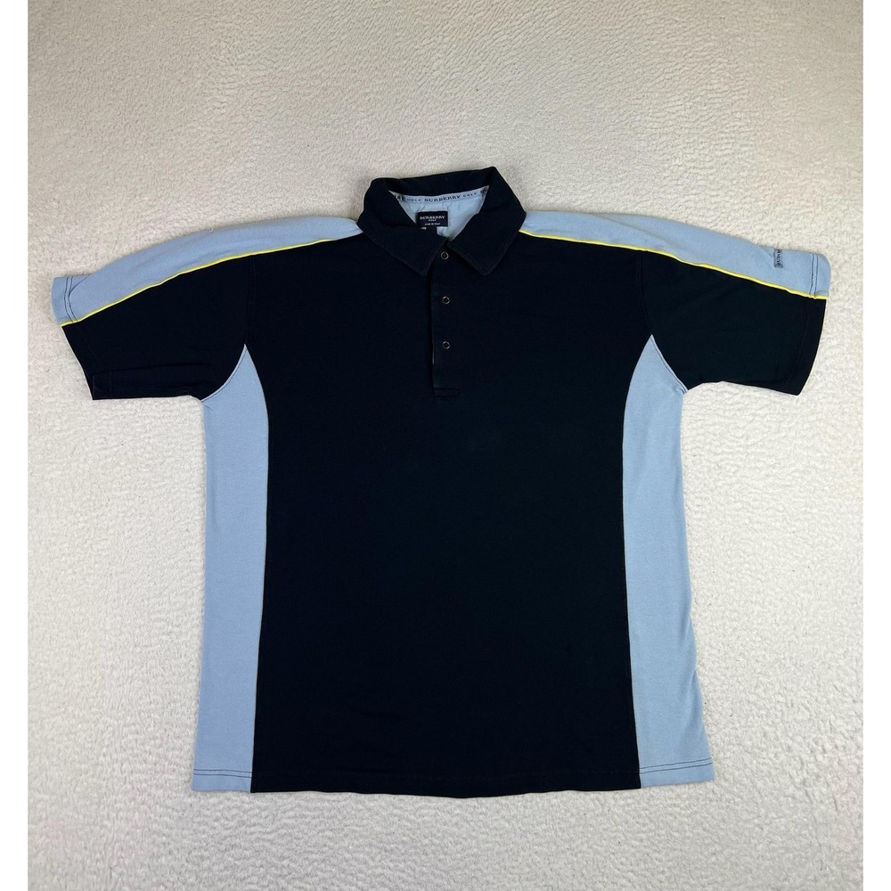 Burberry Golf Polo Shirt Mens Large Blue Colorblock Stretch Knit Made Italy